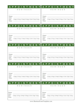 Green Appointment Reminder Card Business Form Template