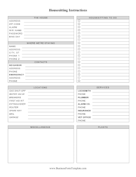 Housesitting Instructions Business Form Template