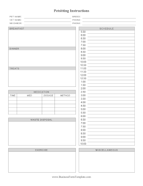 Petsitting Instructions Business Form Template