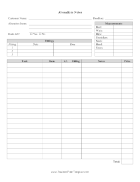 Tailor Alterations Form Business Form Template