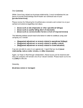 Vendor Performance Warning Letter Business Form Template